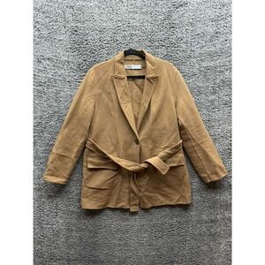 Zara Wool-Blend One-Button‎ Short Belted Coat Camel Brown Womens Size S